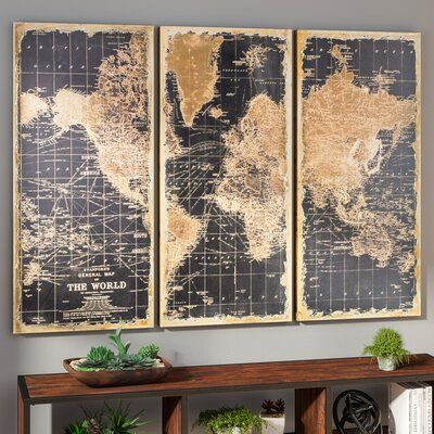 From providing an attention-grabbing focal point to Lending additional layers of color and texture to your ensemble, wall art is an essential accent in any home. Made from solid wood, this set includes three panels - that showcase an old-world map. Finished with hues of gold and brown against a black background, each piece is intricately distressed for a touch of rustic style in your home. Plus, the pieces are installed with D rings and are ready to be hung. (Hanging hooks and nails are not incl Wood Map Art, Framed World Map, Industrial Wall Art, World Map Wall Decor, World Map Decor, Map Wall Decor, Wood Map, Old World Maps, Art Carte