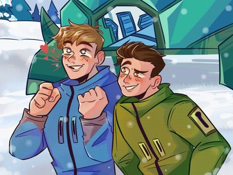 Martin is wearing a blue snow jacket. He is excited and slightly crying out of excitement. His brother Chris in a green snow jacket stands next to him with an eyebrow raised looking at his brother. They are standing in front of the Tortuga a green turtle ship and it is snowing. Wild Kratts Drawings, Chris And Martin Kratt Fanart, Wild Crates Brothers, Martin X Chris Kratt Fanart, Wild Kratts Animals, Kratt Brothers Fanart, Wild Kratts Chris X Martin, Martin X Chris Kratt, Martin X Chris