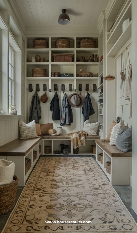 22 Functional and Stylish Mudroom Ideas - HouseResults Mudroom Dining Room, Bootroom Entrance Ideas, Bedroom Turned Mudroom, Mudroom Tall Ceilings, Country Farmhouse Mudroom, Modern Cottage Mudroom, Mudroom Dog Room Ideas, Vaulted Ceiling Mudroom, Formal Mudroom