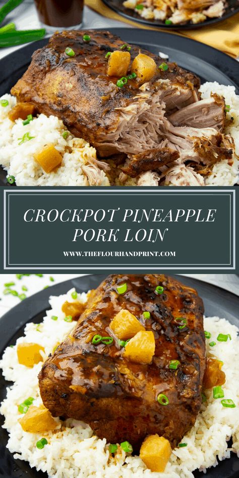 Make this slow cooker pineapple pork loin with common household spices and 4 pantry staples. #pineappleporkloin #easydinner #crockpotporkloin #slowcookerporkloin #pineappleporkloin #pulledpork #theflourhandprint Crockpot Pineapple Pork Loin, Pork Loin Pineapple Crock Pot Recipes, Pork Tenderloin And Pineapple Recipes, Pineapple Pork Tenderloin Crockpot, Pineapple Pork Loin Crockpot, Hawaiian Pork Loin, Pineapple Pork Loin, Slow Cooker Pineapple Pork, Hawaiian Pork