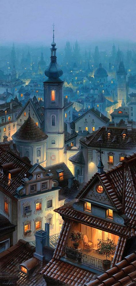 Prague (Prag). Town Art Illustration, Night Window Illustration, Rundown Neighborhood, City At Night Drawing, City Night Illustration, Night City Illustration, Neighborhood At Night, Town Illustration, Town At Night