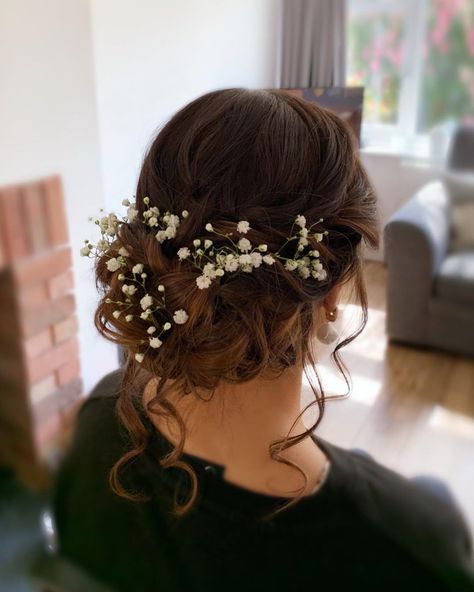 Updo With Flowers Wedding, Wedding Bun Flowers, Floral Updo Wedding, Light Brown Bridal Hair, Fairy Wedding Hair Updo, Wedding Hair Updo With Flowers, Floral Updo Hairstyles, Whimsical Wedding Hair Updo, Flower Updo Hairstyles