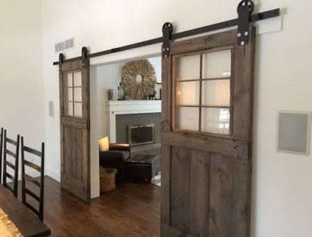 We Built Double Sliding "Barn-Style" Doors for Bathroom! Barn Door Window, Custom Sliding Doors, White Barn Door, Custom Barn Doors, Living Room Door, Barn Door Designs, Diy Barn Door, Sliding Barn Door Hardware, Room Door