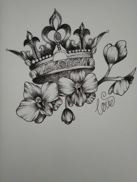 Crown And Flower Tattoos For Women, Queen Crown Tattoo Design Beautiful, Crown And Flower Tattoo, Crown With Flowers Tattoo, Queen Tattoo For Women, Flower Kingdom, Feminine Thigh Tattoos, Crown Tattoos For Women, Queen Crown Tattoo