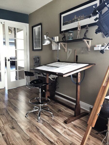 Wood Drafting Table, Vintage Drafting Table, Home Art Studios, Drafting Tables, Cheap Office Furniture, Industrial Office Design, Art Studio Room, Drafting Table, Art Studio At Home