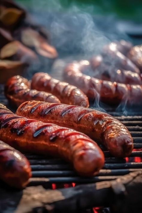 Appetitive grilled sausage on the flaming grill. Delicious crisp sausages. Space for text. Generative AI royalty free stock images Grilled Hotdogs, Grill Photography, Grill Sausage, Bbq Pics, Food Staging, Bbq Sausage, Grilling Hot Dogs, Formula Recipes, Meat Steak