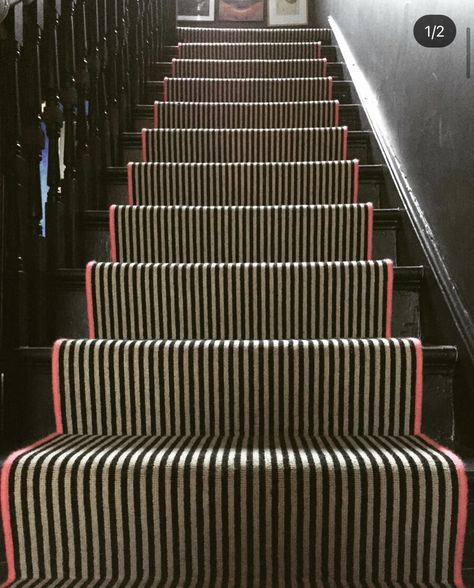 Landing Stairs, Striped Stair Runner, Carpet Staircase, Victorian Hallway, Black Stairs, Staircase Runner, Striped Carpets, Stairs Makeover, House Staircase