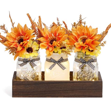 PRICES MAY VARY. 【Fall Decor Mason Jar Set】Package includes 3 harvest fall decorated Mason jars, 3 beautiful faux artificial bouquets and 1 rustic wooden tray. Multiple colors of farmhouse Mason jars can give you more decorating inspiration, and multiple sets can be combined to give you more flexibility to match your farmhouse table decor. 【Fall Centerpiece Table Decorations】Colorful decorative jars paired with vibrant artificial flower bouquets are the perfect fall table centerpiece to add vibr Table Decorations Colorful, Farmhouse Fall Table Decor, Decorated Mason Jars, Fall Mason Jar Centerpieces, Rustic Wooden Tray, Artificial Flower Bouquets, Dinner Table Centerpieces, Centerpiece For Table, Fall Mason Jars