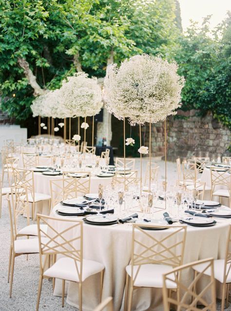 Glam French Riviera Wedding Sparkly Dress Wedding Centerpieces Baby's Breath, Baby Breath Wedding Centerpieces, Modern Glam Wedding Decor, Baby Breath Wedding Decor, Weddings Places, Classy Modern Wedding, Romantic Glam Wedding, Tuscan Villa Wedding, Romantic Modern Wedding