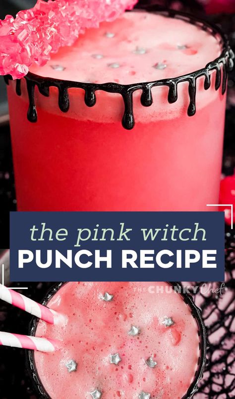 This sweet and fun drink is great for Halloween, Valentine's day and more! Easy to make, fun to drink, and can easily be turned into a cocktail if you wanted. #drink #halloween #pink Pink Halloween Cocktails, Witch Punch, Pink Alcoholic Drinks, 13th Party Ideas, Pink Punch Recipes, Strawberry Halloween, Bar Specials, Fun Halloween Drinks, Restaurant Menu Ideas