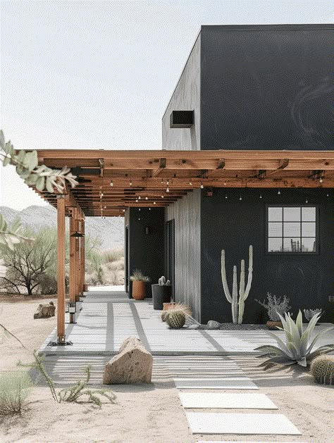 11 Exterior Paint Colors For Desert Homes Desert Style Backyard, Modern Western Home Exterior, Desert Home Exterior Colors, Black Adobe House, Southwest Farmhouse Exterior, Desert Inspired Kitchen, Desert Home Design, Modern Desert Home Exterior, Southwest House Exterior