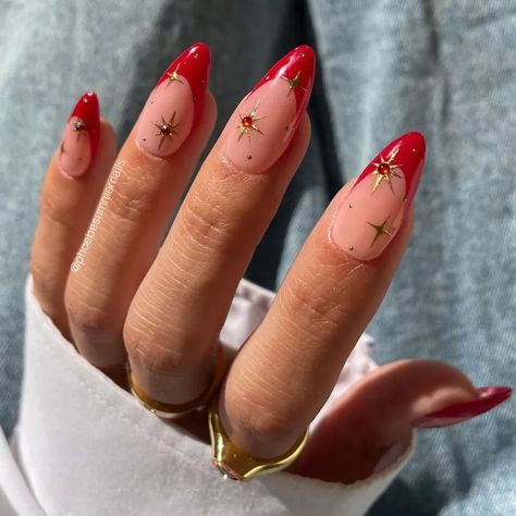 Red Nails With Nail Art, Dark Red Nails With Gold Design, Red Nails Nail Art, Red And Gold Almond Nails, Red Almond French Nails, Red French Nail Designs, Different French Tip Nails, Nails Red Ideas, Red Nails With Design