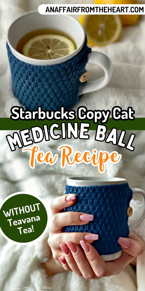 Hand holding a mug full of this copycat Starbucks Medicine Ball tea. Starbucks Cold Buster Tea Recipe, Copycat Starbucks Medicine Ball Recipe, At Home Medicine Ball Tea, Copycat Starbucks Medicine Ball Tea, Homemade Medicine Ball Tea, Starbucks Sick Tea, Diy Starbucks Medicine Ball Tea, Starbucks Medicine Ball Tea Recipe, Diy Medicine Ball Starbucks