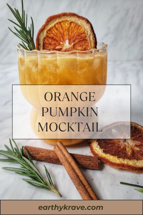 Say hello to this Orange Pumpkin Mocktail, a perfect blend of autumnal warmth and zesty citrus, elevated with the refreshing fizz of tea botanical sparkling water. Whether you're hosting a fall gathering, or looking for a unique non-alcoholic beverage this mocktail is sure to be a hit. Half Baked Harvest Fall Drinks, Mocktails Non Alcoholic Pumpkin, Fun Fall Mocktail Recipe, Pumpkin Spice Mock Tail, Themed Happy Hour Ideas, Mocktail With Orange Juice, Pumpkin Mocktail Recipe, Mocktail Recipe Fall, Fall Tea Drinks