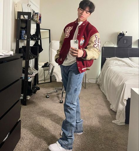 Red Letterman Jacket Outfit Men, Red Jeans Outfit Men, 90s Letterman Jacket Outfit, Brown Varsity Jacket Outfit Men, Red Varsity Jacket Outfit Men, Letterman Jacket Outfit Men, University Jacket Outfit, Brown Varsity Jacket Outfit, University Outfit Men