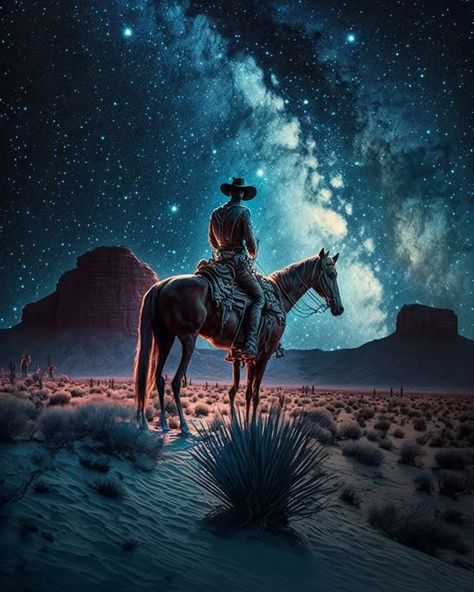 Sky Digital Painting, Cowboy On A Horse, Western Gunslinger Art, Galaxy Night Sky, Cosmic Cowboy, Night Starry Sky, Cowboys & Aliens, Cowboy Wall Art, Cowboy Posters