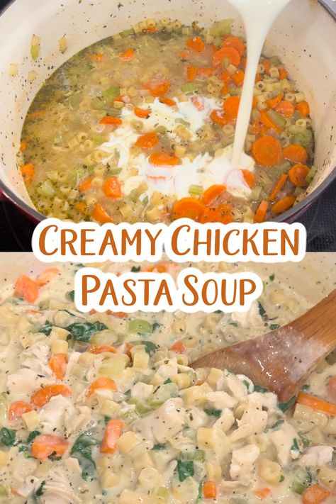 Creamy Chicken Pasta Soup made with chicken, broth, veggies, pasta, heavy cream, cream cheese, and cheddar.  A filling high protein meal for the family!  #soup #dinner #dinnerrecipes #dinnerideas #chickenrecipe #souprecipe #healthyrecipe #chicken #pasta #pastarecipe Chicken And Pasta Soup, Chicken Recipes Soup, Soup Dinner Recipes, Chicken Pasta Soup, Family Soup, Pasta Soup Recipes, Veggies Pasta, Chicken Dinner Recipe, Recipes For The Family