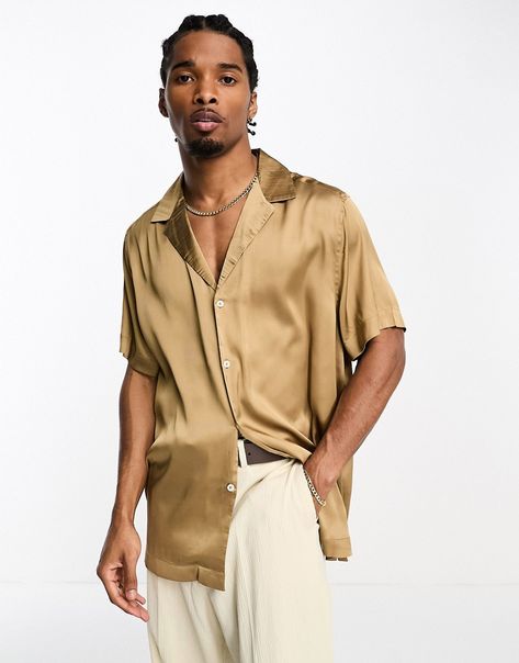 Bronze Shirt Outfits, Creamfields Outfit, Golden Outfit, Silk Shirt Men, Camp Collar Shirt, Collar Shirt Men, Disco Fever, Gold Shirt, Glam Outfit