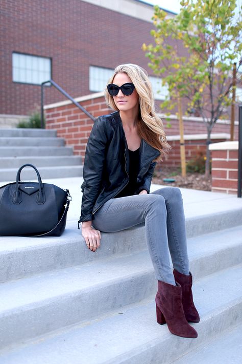 Grey jeans. Red booties. Leather. love! Maroon Shoes Outfit, Burgundy Boots Outfit, Maroon Boots, Oxblood Color, Ivory Lane, Maroon Shoes, Burgundy Boots Ankle, Burgundy Outfit, Burgundy Boots