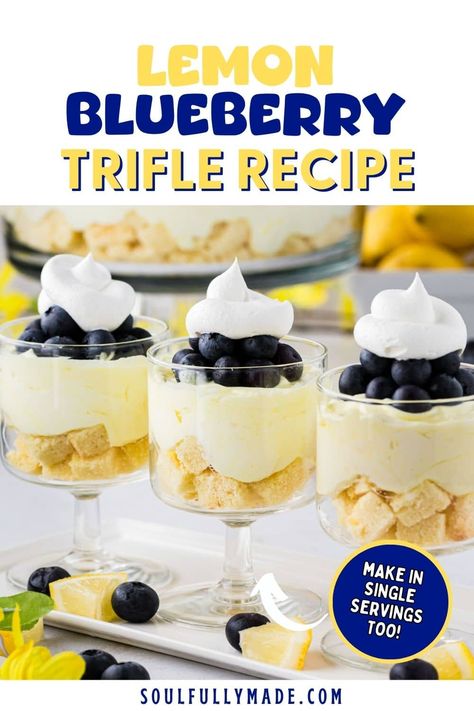 Your search for a perfectly light summer dessert is over! Make this no-hassle Lemon Blueberry Trifle recipe with just a few simple ingredients the next time you're entertaining in any season. The pound cake is layered with fresh blueberries, tart lemon zest, and lemon pudding for a refreshing and fruity flavor. Lemon And Blueberry Desserts, Blueberry Trifle Recipe, Lemon Blueberry Trifle, Blueberry Trifle, Light Summer Desserts, Homemade Pie Recipes, Easy Strawberry Cheesecake, Homemade Whipped Cream Recipe, Quick Cookies Recipes