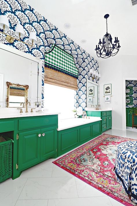 A Look at Grandmillennial Style - Southern Hospitality 1960s Bathroom, Haste Makes Waste, Dimples And Tangles, Paint Color Guide, Window Cornices, Vanity Makeover, Bathroom Vanity Makeover, Grand Millennial, Green Interior