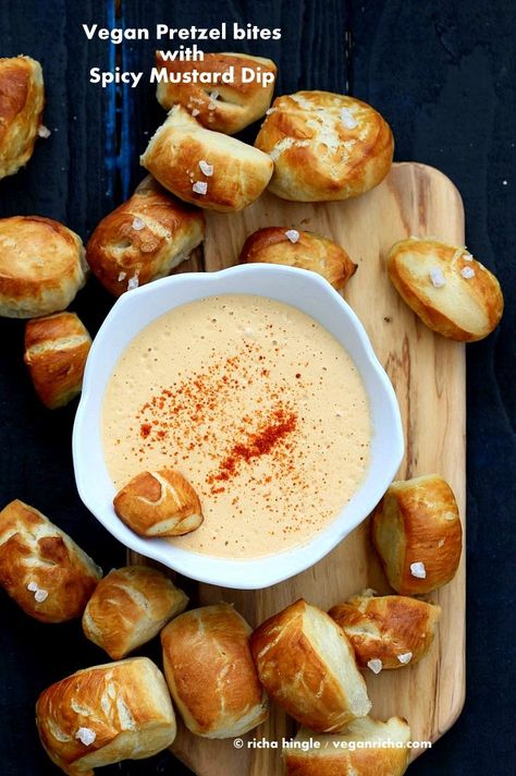 Vegan Pretzel Bites, Vegan Pretzel Recipe, Vegan Superbowl Food, Vegan Super Bowl, Mustard Dip, Vegan Party Food, Spicy Mustard, Vegan Richa, Vegan Party