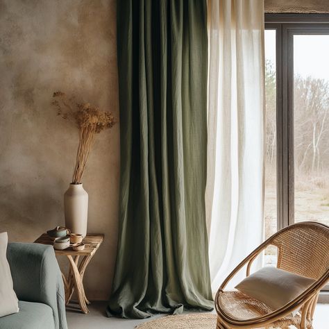 Green Curtains Living Room, Green Curtains Bedroom, Olive Green Curtains, Green Sheer Curtains, Curtain Green, Curtains Linen, Green Drapes, Beige Curtains, Layered Curtains