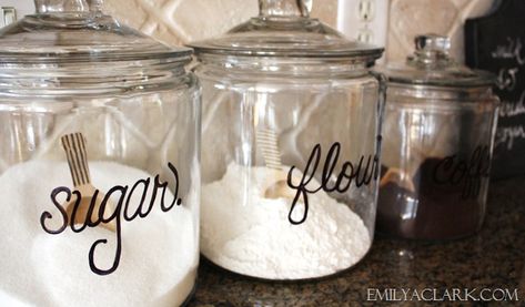 I need to label my glass jars with a Sharpie like this, or use vinyl. Painting Glass Canisters, Kitchen Wall Organizer, Pantry Inspiration, Add Value To Your Home, Bad Week, Tired Of Trying, Kitchen Counter Decor, Painting Glass, Kitchen Decorating Ideas