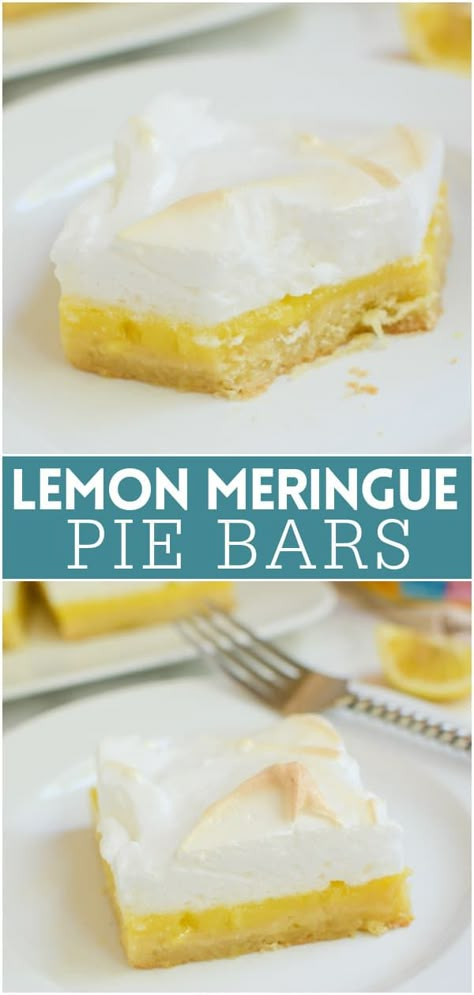 Lemon Meringue Pie Bars - buttery shortbread crust with tart lemon filling, topped with fluffy toasted meringue! Lemon Meringue Pie Bars, Easy Lemon Meringue Pie, Easy Lemon Meringue, Lemon Pie Bars, Toasted Meringue, Pie Bars Recipe, Lemon Meringue Tart, Pie Bar Recipes, Buttery Shortbread