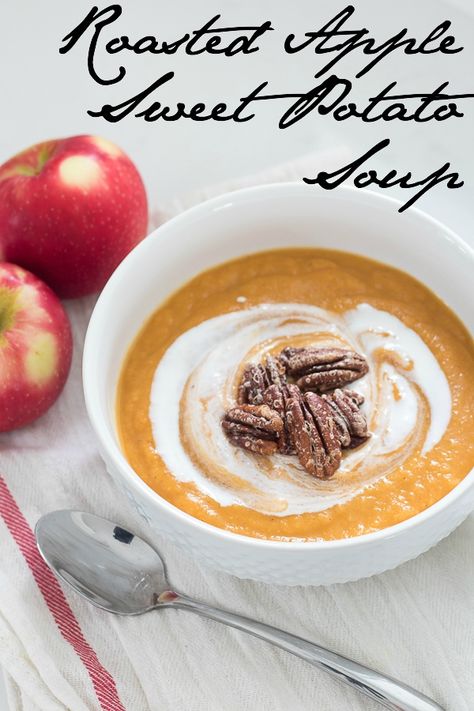 Roasted Apple Sweet Potato Soup with Candied Pecans - The Lilypad Cottage Apple Sweet Potato, Lilypad Cottage, Roasted Apples, Sweet Potato And Apple, Roasted Onions, Spiced Pecans, Delicious Drink Recipes, Delicious Soup Recipes, Sweet Potato Soup