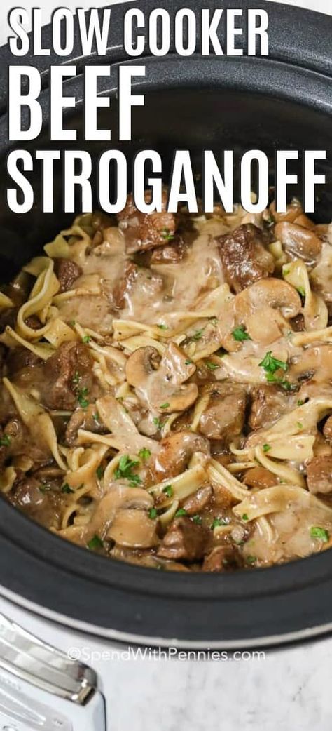 This crock pot beef stroganoff recipe is the perfect combination of tender beef and delicious egg noodles. With the ability to set it and forget, it is the perfect weeknight meal!  #spendwithpennies #beefstroganoff #slowcooker #crockpot #maindish Crock Pot Stroganoff, Crock Pot Beef Stroganoff, Beef Stroganoff Crockpot, Slow Cooker Salisbury Steak, Crock Pot Beef, Beef Stroganoff Recipe, Beef Stroganoff Easy, Slow Cooker Beef Stroganoff, Vegetarian Crockpot Recipes