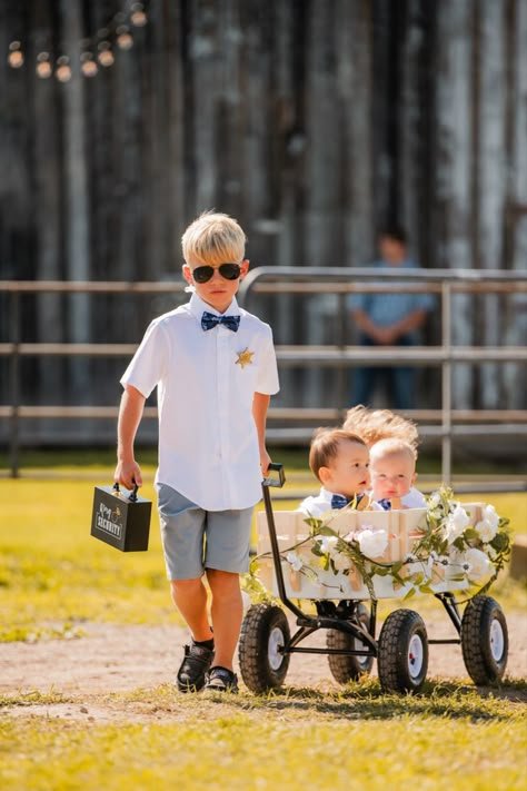 Wedding wagons and ring security sure did blend well on our day! Ring Bearers In Wagon, 3 Ring Bearers Boys, Baby Ring Bearer Ideas, Ring Bearer Wagon, Wedding Wagons, Ring Security Wedding, Wagon For Wedding, Wedding Ideas 2024, Ring Bearer Boy