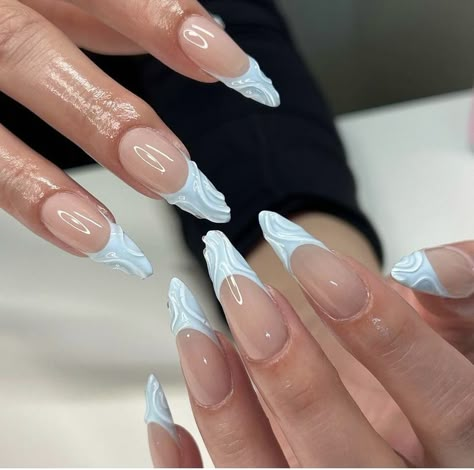 Wet Nails Design, 3d Chrome Nails Almond, Irregular French Nails, Almond 3d Nails, Dainty Acrylic Nails, Wet Nails Look, 3d French Nails, 3d Chrome Nails, 3d Acrylic Nail Art