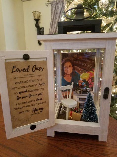 This is a custom memorial lantern made-to-order. Each lantern has the poem on the door and an empty chair inside. I then place 3-4 items in the lantern that represents your loved one. **I must have a photo and information about your loved one before I can get started. I need as much information you can give me - things like their hobbies, favorite past times, favorite things, habits (like daily coffee drinker, news reader, etc), or if there are any special things you would like for me to try to Memorial Gifts For Wife, In Memory If Gifts, Rememberance Shadow Boxes, Remembrance Gifts Parents, In Loving Memory Christmas Gifts, Shadow Box Memorial For Dad, Remembrance Gifts For Him, Remembrance Gifts With Pictures, Shelf For Passed Loved Ones