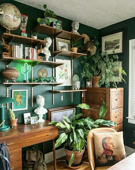 Dark Academia Green Room, Small Dark Green Office, Dark Green Desk Aesthetic, Small Room Dark Academia, Dark Green Study Aesthetic, Green Academia Office, Dark Green Office Aesthetic, Dark Academia Studio Apartment, Home Office Dark Academia