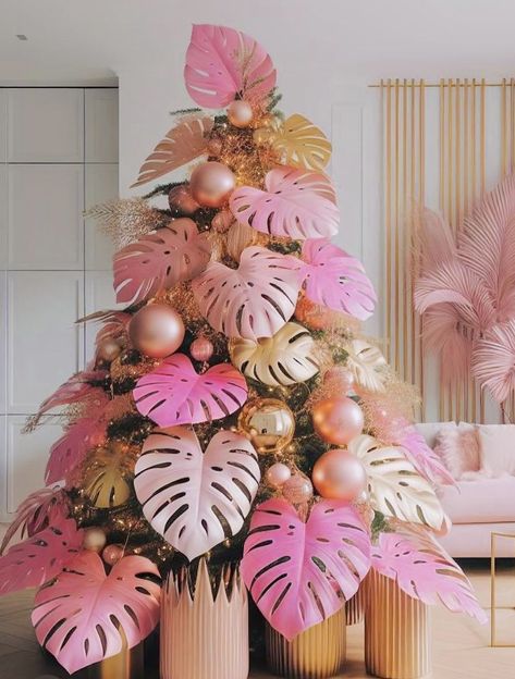 Tropical Theme Christmas Tree, Tropical Holiday Decorations, Palm Leaf Christmas Tree, Tropical Holiday Decor, Christmas In Paradise Theme, Monstera Christmas Tree, Jungle Christmas Tree, Orchid Christmas Tree, Palm Springs Christmas Decor