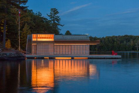 Lake Muskoka Boathouse – Turkel Design Boat Hoist, Boathouse Design, Lake Muskoka, Unusual Architecture, Architect Magazine, Modern Prefab Homes, Passive Solar Design, Ski Cabin, Sea House