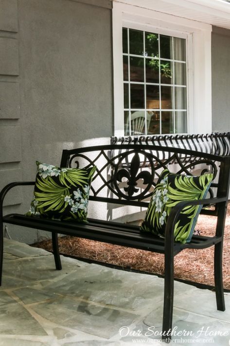 Affordable porch makeover with Big Lots. Big Lots is great for seasonal decor!!! #ad #outdoorliving Wrought Iron Front Porch, House Entrance Garden, Porch Furniture Layout, Big Lots Furniture, Wrought Iron Bench, Metal Garden Benches, Entrance Garden, Wrought Iron Furniture, Cats House