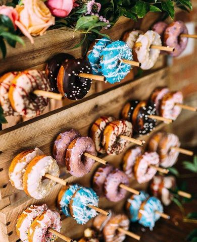 Breakfast For Dinner Wedding, Ivy Bouquet, Breakfast Wedding Reception, Donut Wall Wedding, Hanging Eucalyptus, Wedding Brunch Reception, Donut Decor, Breakfast Wedding, White Cowboy Hat