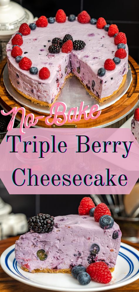 No-bake, simple triple berry cheesecake with lots of fresh and frozen berries! Perfect to make ahead and wonderful light taste and texture through the whipped cream cheesecake batter. Full recipe on my website No Bake Frozen Cheesecake, Frozen Triple Berry Recipes, Berries Cheesecake Recipes, Mixed Berry No Bake Cheesecake, Triple Berry Dessert Recipes, Triple Berry Recipes, Wild Berry Cheesecake, Unique No Bake Cheesecake Recipes, Very Berry Cheesecake