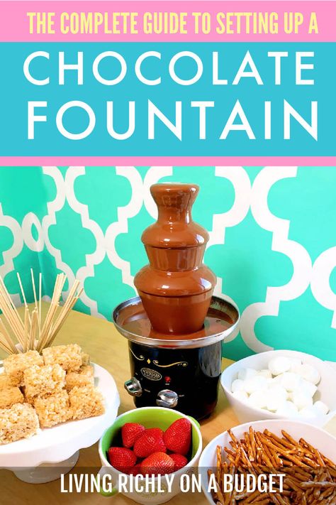 DIY chocolate fountain at home with complete guide to what kind of chocolate to use and where to find a chocolate fountain for under $25. Chocolate Fountain Recipe, Chocolate Fountain Ideas, Chocolate Fountain Bar, Pirouette Cookies, Chocolate Fountain Recipes, Chocolate Fondue Fountain, Fondue Fountain, Gourmet Hot Chocolate, Going Dark