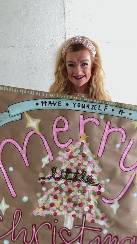 Christmas Banner Christmas Kraft Paper Banner, Painted Christmas Banner, Christmas Banners Ideas Diy, Gift Wrap Fundraiser, Diy Christmas Banner, Brown Paper Signs, Painted Banner Ideas, Door Decor Classroom, Christmas Banner Diy