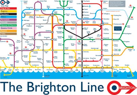 The Brighton Line by Sean Sims. London Tube Map, Brighton Map, Brighton Rock, Underground Map, Brighton England, London Tube, Brighton Uk, Open Signs, London Park