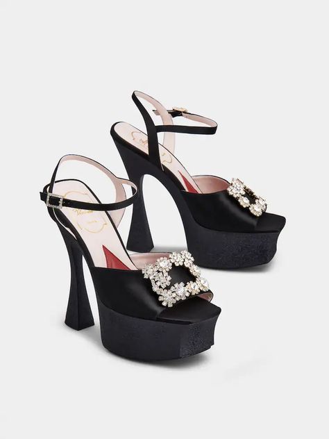 Black Woman Flower Strass Buckle Platform Sandals in Satin RVW66230280RS042B999 | Roger Vivier Luxury Elegant Platform Sandals, Luxury Black Platform Slippers For Women, Designer Black Platform Heels, Luxury Slip-on Platform Sandals, Luxury Black Platform Sandals, Roger Vivier Heels, Luxury Heels, Roger Vivier Shoes, Boot Jewelry