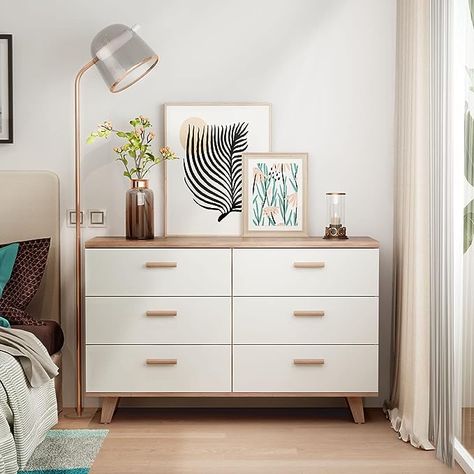 White Chest Of Drawers Decor, Dresser Aesthetic, Drawer Chest Bedroom, Chest Of Drawers Decor, White Wood Dresser, Surf Room Decor, White Bedroom Set, Modern Drawer, All White Bedroom