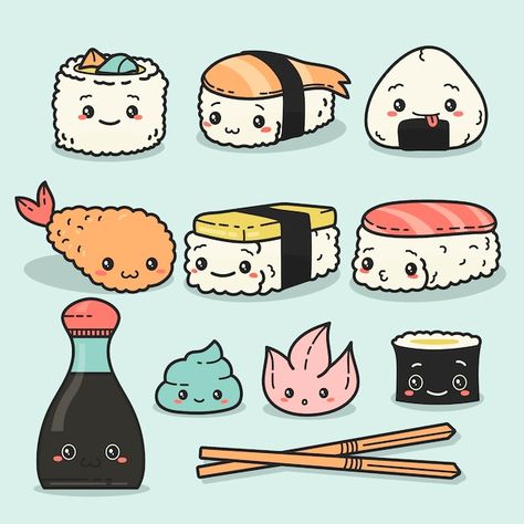 Free vector hand drawn kawaii objects co... | Free Vector #Freepik #freevector #cute-kawaii #chibi #adorable #cute-illustration Kawaii Objects, Sushi Drawing, Sushi For Kids, Sushi Cartoon, Kawaii Sushi, Hand Drawn Arrows, Arrow Drawing, Face Painting Easy, Sushi Set