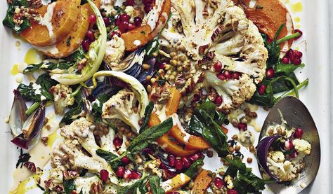 Roasted Squash, Cauliflower, and Sage | Vegan Christmas Recipe Baklava Tart, Vegan Traybake, Traybake Dinner, Traybake Recipes, Ripe Plantain, Tray Bake Recipes, Vegan Christmas Recipes, Tray Bake, Easy Vegan Dinner