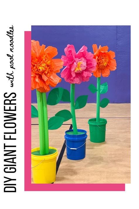 DIY giant pool noodle flowers, school play, spring party, DIY flower Pool Noodle Flowers Diy, Pool Noodle Flowers, Unpacking Standards, Vbs Magnified, Pool Decorations, Giant Pool, Giant Flowers Diy, Flower Props, Pool Noodle Crafts