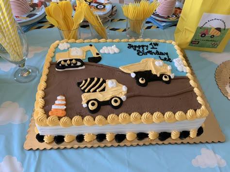 Dump Truck Sheet Cake, Construction First Birthday Cake, Sheet Cake Construction Theme, Square Construction Cake, Construction Birthday Cake Sheet, Construction Sheet Cake For Boys, Construction 2nd Birthday Cake, Construction Theme Sheet Cake, Construction 1st Birthday Cake