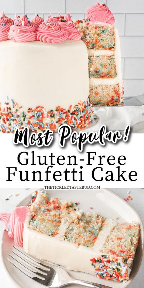 GLUTEN-FREE FUNFETTI CAKE Gluten Free Funfetti Cake, Gluten Free Cake Recipes Easy, Dairy Free Birthday Cake, Gluten Free Dairy Free Cake, Delicious Buttercream Frosting, Dairy Free Cake Recipe, Gluten Free Birthday Cake, Gluten Free Cake Mixes, Cake With Buttercream Frosting